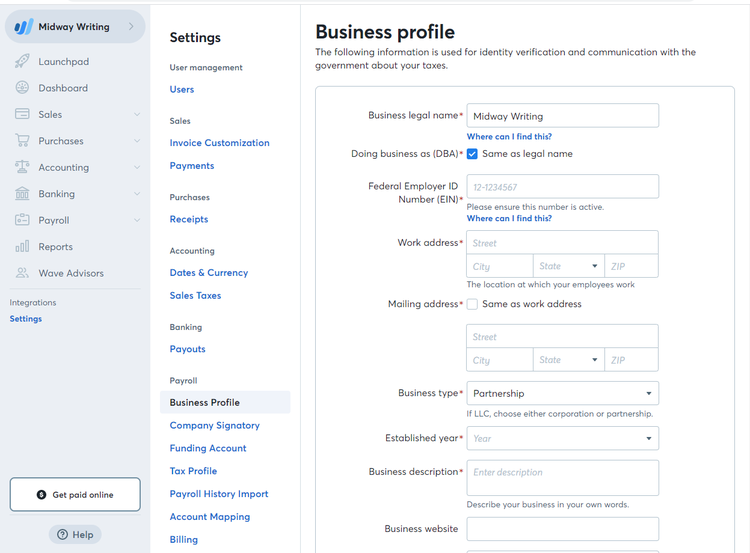 Wave Accounting business profile settings