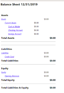 Gnucash balance sheet showing assets, liabilities, and equity.