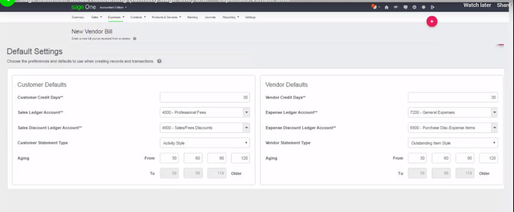 Sage Business Cloud accounting screen showing a billing creation form with fields for customer and vendor information.