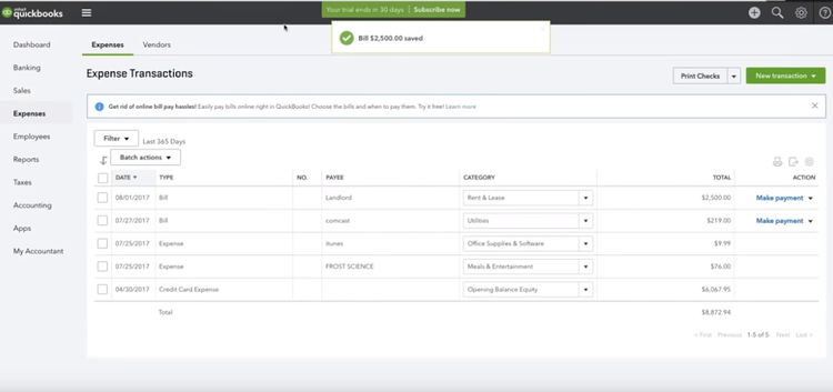 QuickBooks Online screen showing upcoming accounts payable due dates.