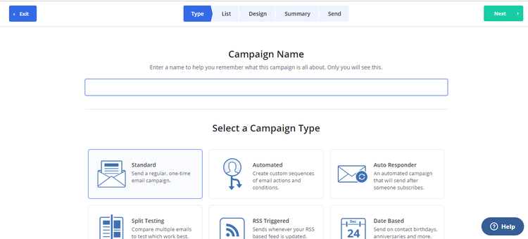 Tableau de bord de campagne ActiveCampaign offrant 6 options pour démarrer votre e-mail
