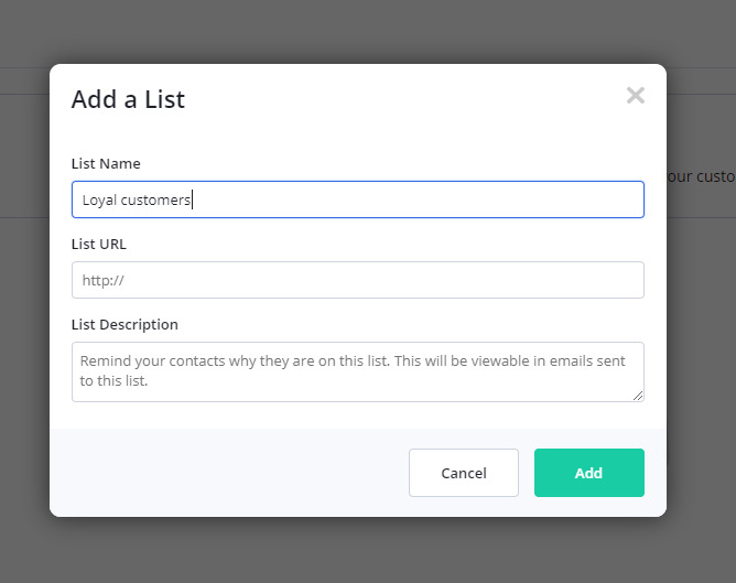 ActiveCampaign apparaît pour créer une nouvelle liste d'abonnés, en remplissant le nom, l'URL de la liste et la description