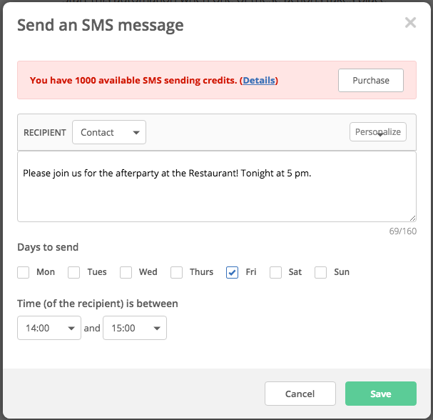 ActiveCampaign window to create an SMS message with information on sending credits, recipient, message, and scheduling.