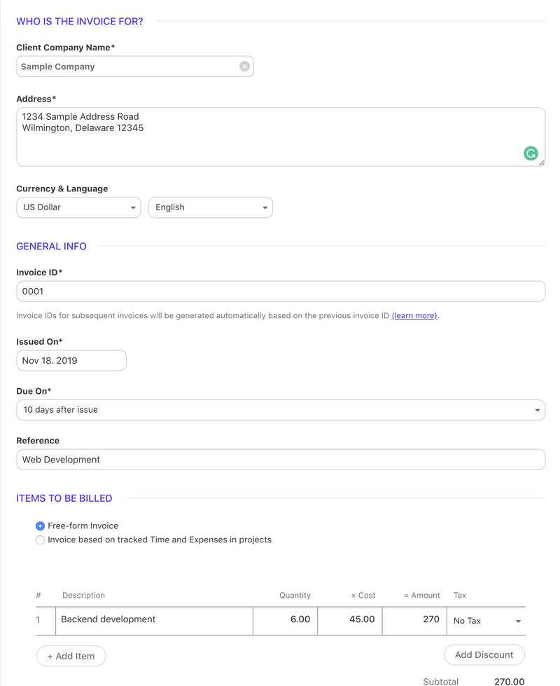 ActiveCollab invoice form with fields for client company name, address, currency type, invoice ID, due on and reference.
