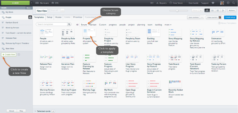 A screenshot of Targetprocess premade templates for project management.