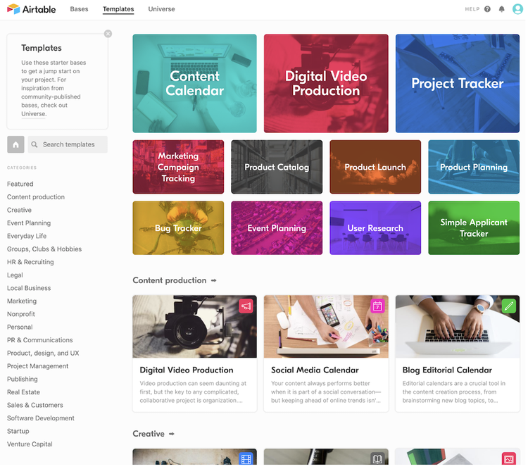 Airtable template page with categories to select an appropriate template for your project type.