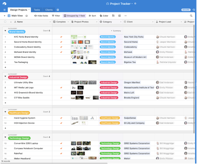Airtable sheet page showing color-coded projects, image attachments, project owners, client information, etc.