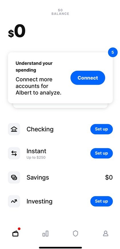 Albert app home account screen.
