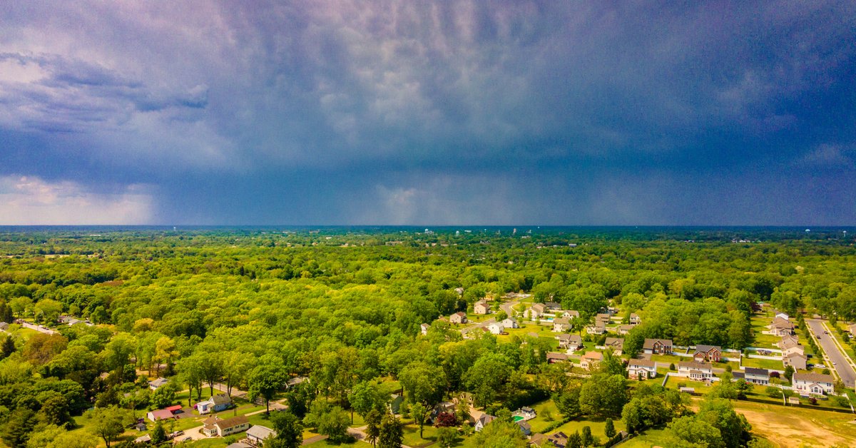 An aerial view of a storm in the distance on the horizon in Vineland, New Jersey.