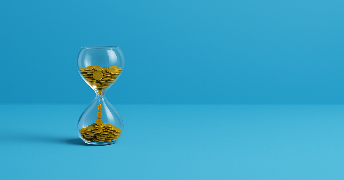 An hourglass with gold coins flowing through it against a blue background.