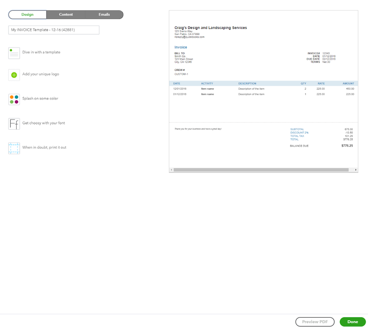 Customization screen in QuickBooks Online with template, logo, and color options.