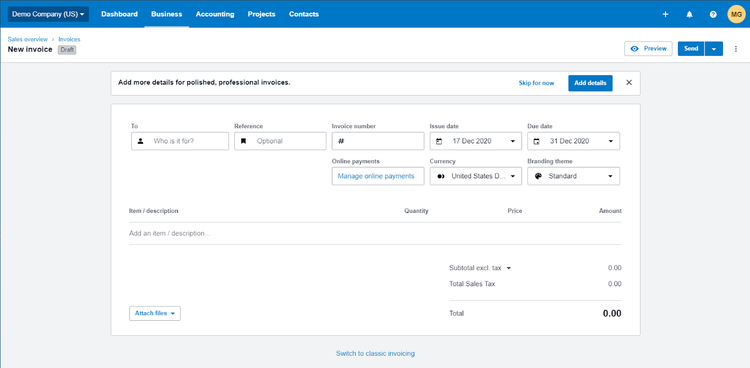New invoice creation screen in Xero.