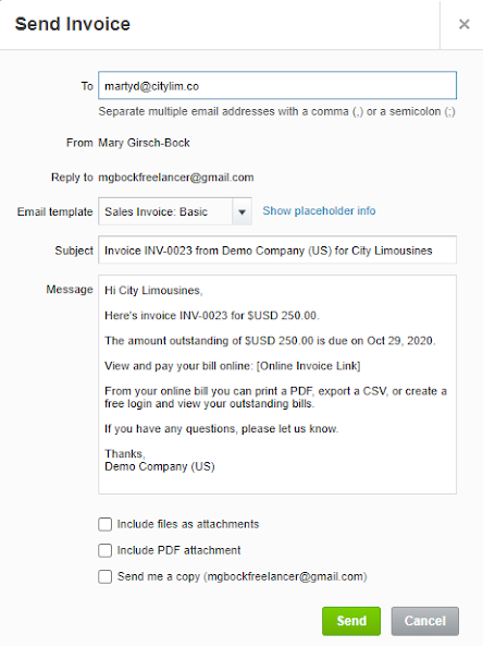 Xero’s Send Invoice screen with email address, message, and other options.