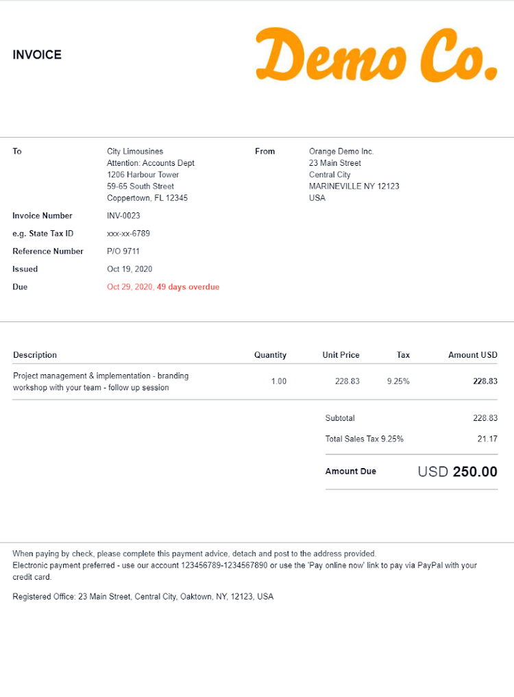Xero invoice with a note at the bottom.