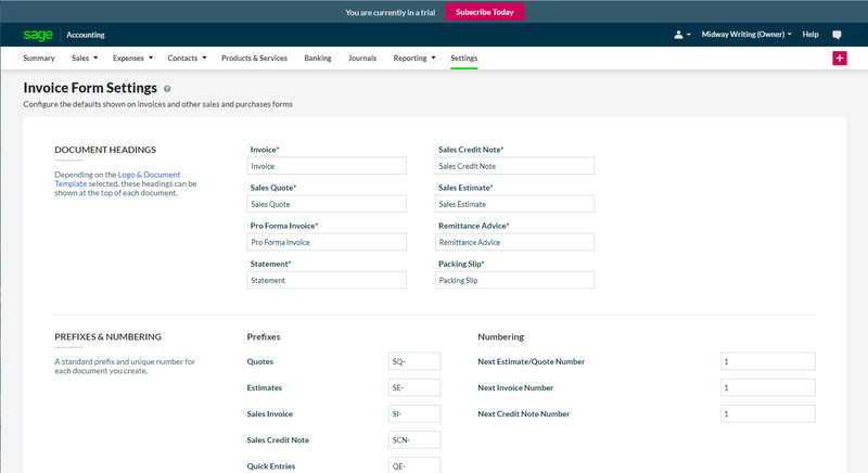 Invoice Form Settings feature with options for customizing an invoice.