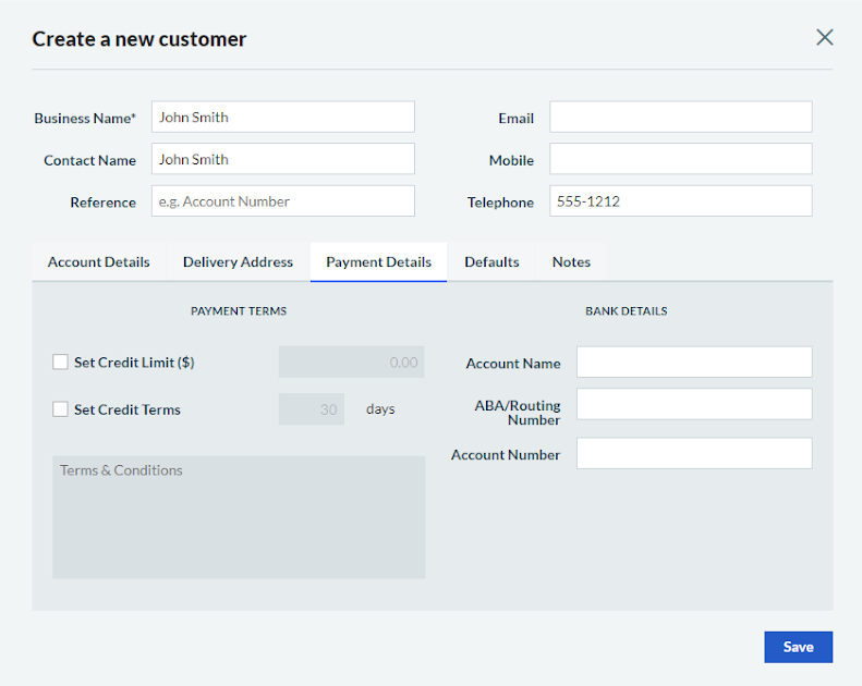 The Create a new customer option includes account details, address, payment details, and notes.