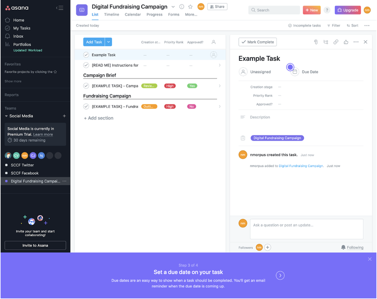Asana's main dashboard showing the navigation menu on the left and a newly created task on the right.