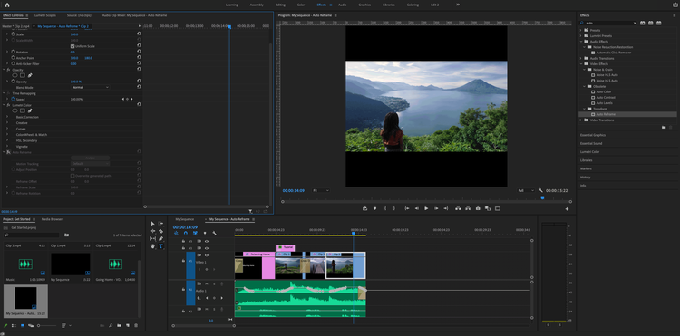 Demonstration of the Auto Reframe effect in Premiere Pro.