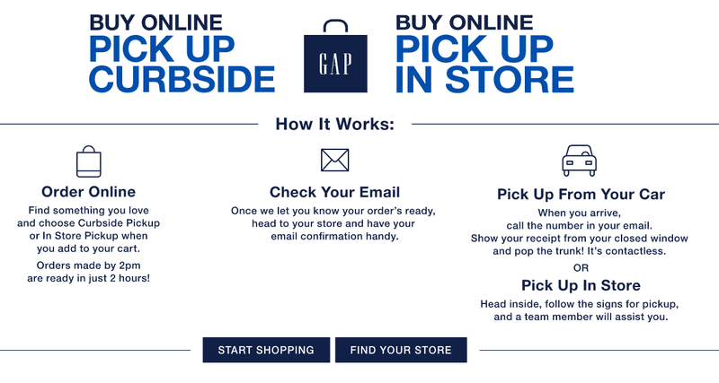 Details of the process for ordering products online and picking them up in-store when shopping on the Gap website.