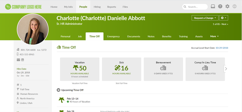 BambooHR page displaying individual employee information, including personal information, leave tracking data, etc.