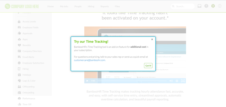 BambooHR popup saying the time tracking feature is available at additional cost.