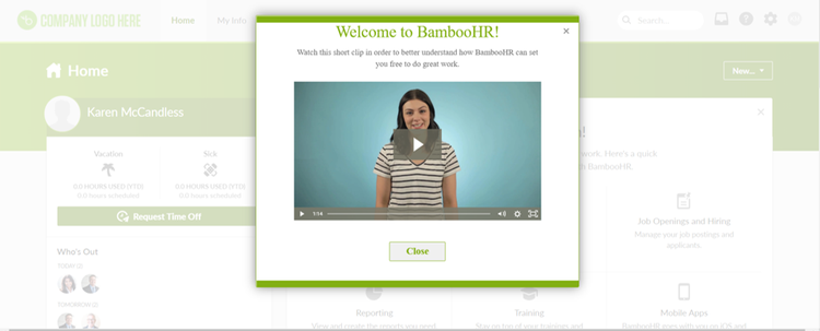 BambooHR popup with an onboarding video to get users started.