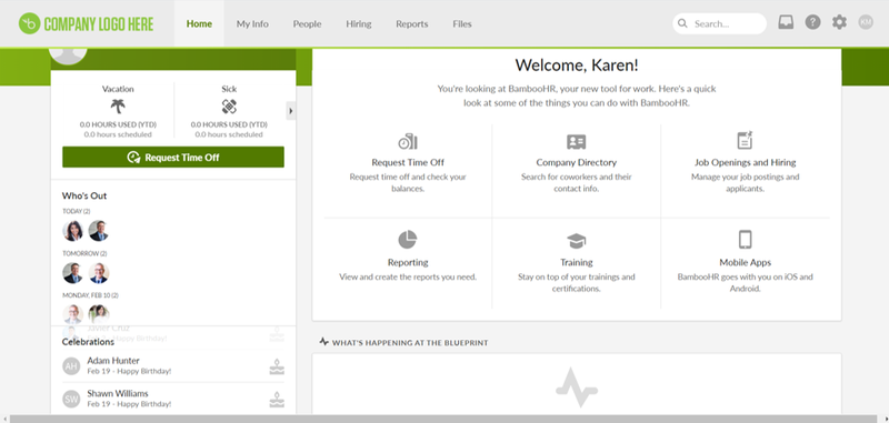 BambooHR employee dashboard showing an overview of vacation time, sick time, etc. and shortcuts to request PTO, view company directory, view job openings, etc.