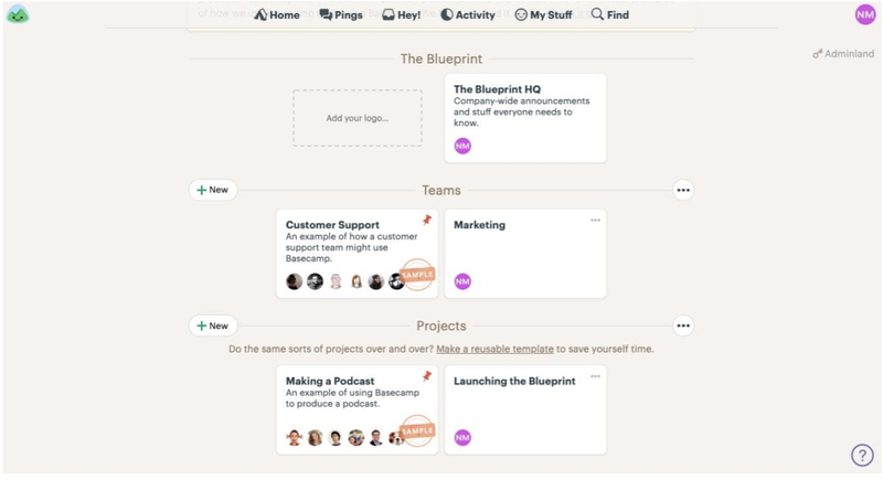 Basecamp main dashboard showing project categories and subtasks with written details on each task.