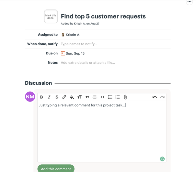 A screenshot of Basecamp’s task screen for project tasks.