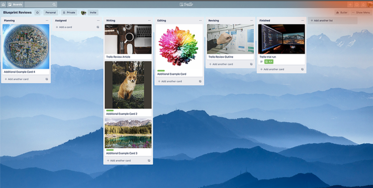 The Trello boards featuring tasks with images.