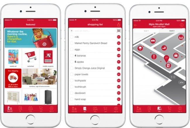Three screenshots of Target’s app that guides customers to aisles based on their shopping list.