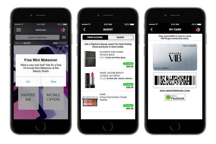 Image of three smartphone screens displaying Sephora offers and initiatives.