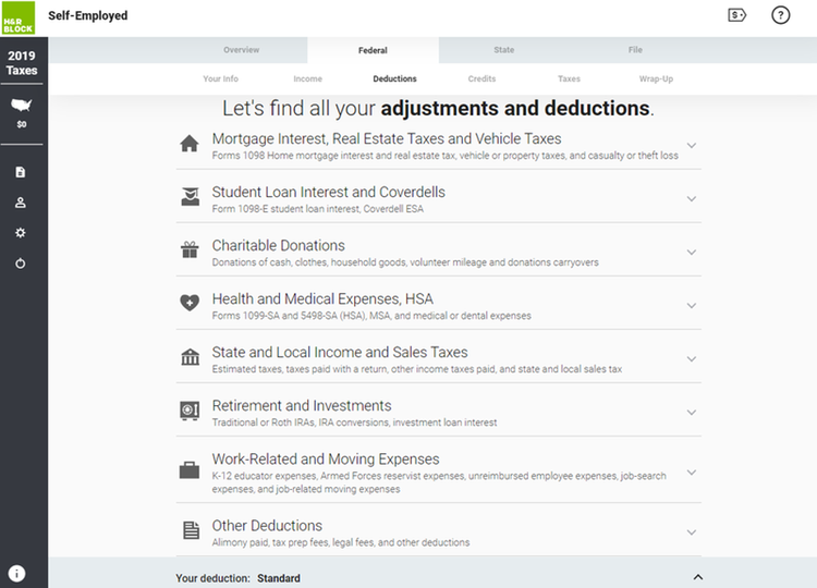 Screenshot of H&R Block tax software for self-employed individuals.