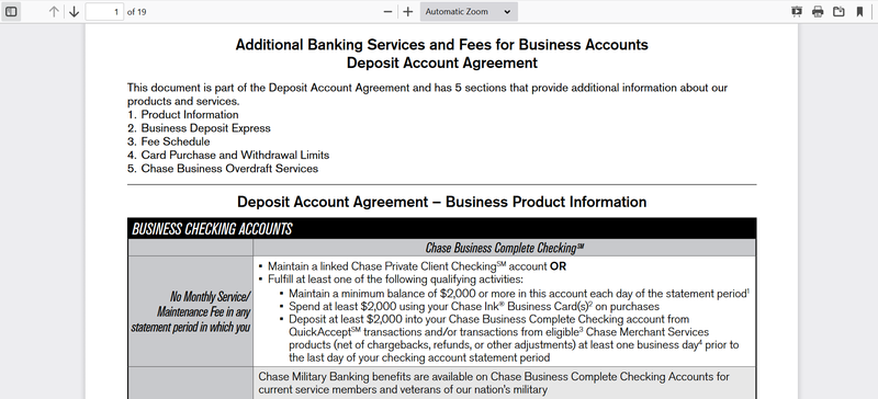 A business checking account fee schedule written out in an informational guide.