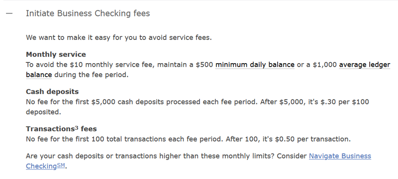 An example of cash deposit and monthly transaction fees for a small business checking account.