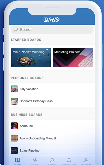 Trello mobile screen showing different boards associated with an individual user.