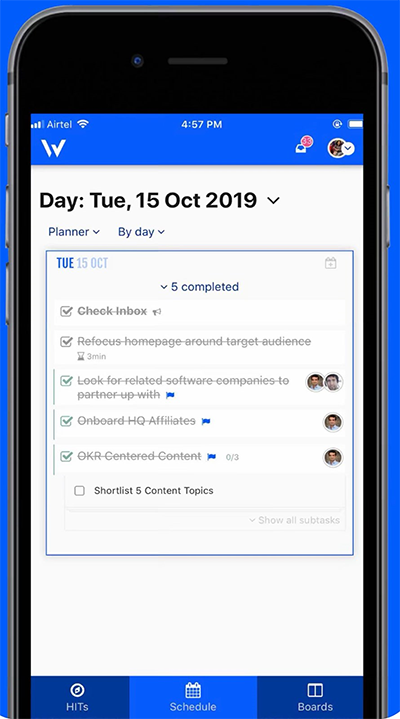 Weekplan mobile screen showing a daily to-do list showing both upcoming and completed tasks.