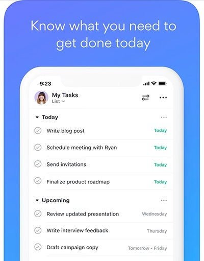 Asana mobile view showing both daily and upcoming tasks sorted separately.