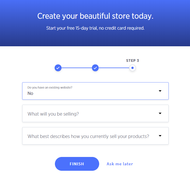 The BigCommerce store builder asks if you already have a website, what you'll be selling, and about your sales process.