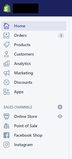 The Shopify left-hand navigation menu provides easy access to your orders, products, customers, analytics, marketing, discounts, apps, and sales channels.