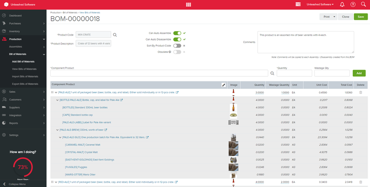 Unleashed software lists in a bill of materials the components for making a bottle of beer.