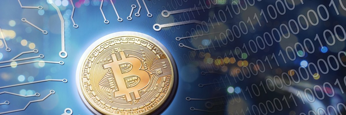 A golden Bitcoin on a blue circuit background.