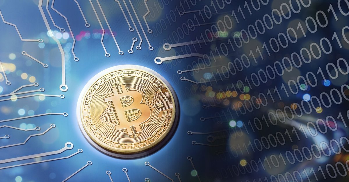 A golden Bitcoin on a blue circuit background.