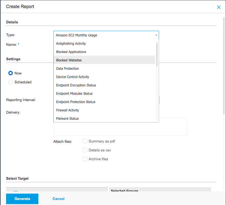 The Create Reports feature provides a drop-down to choose and run many report types.