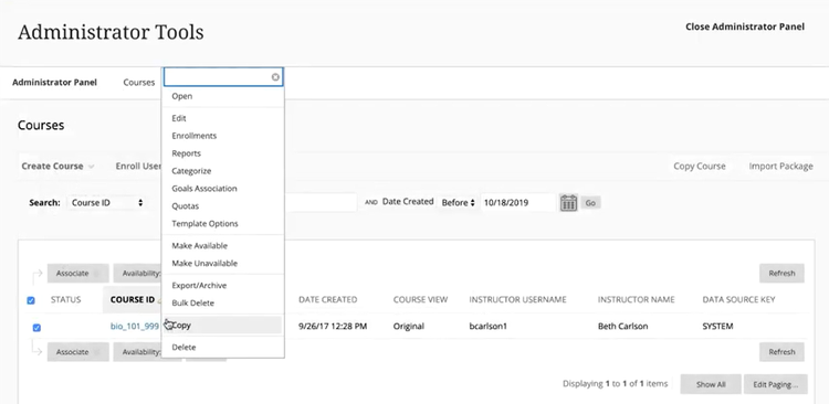 A menu of administrator tools.