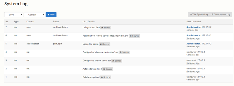 Bolt CMS system log showing all system activity with details such as, type, context, route, user, date, etc.