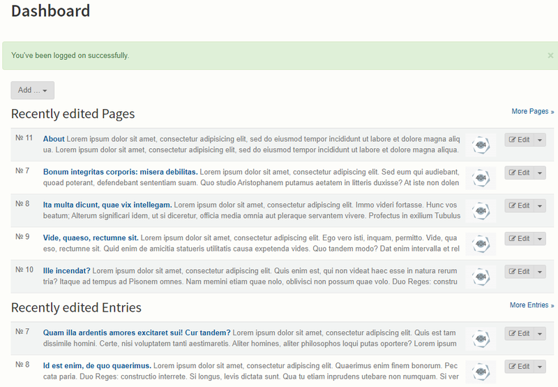 Bolt CMS dashboard showing recently edited pages and entries.