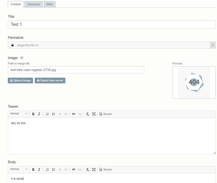 Bolt CMS page editor showing fields to update title, featured image, teaser, body copy, etc.
