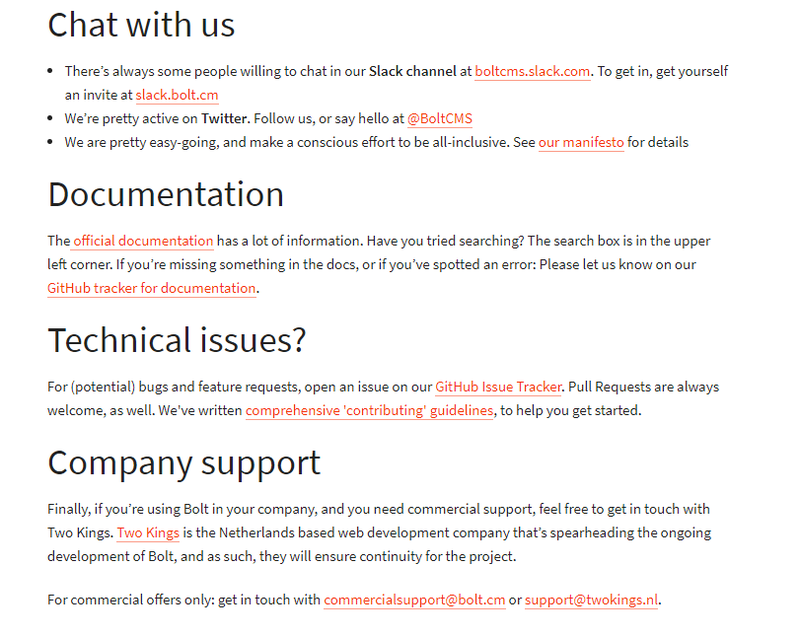 Bolt CMS support page showing options for live chat, documentation, GitHub pages, etc.