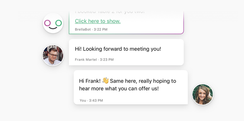 Two avatar bubbles showing attendees’ text exchange confirming a future meeting.